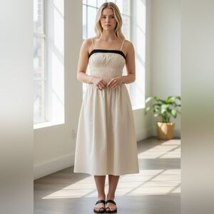 Moon River Ruched Contrast Top Midi Dress Cream Sleeveless Adjustable Straps